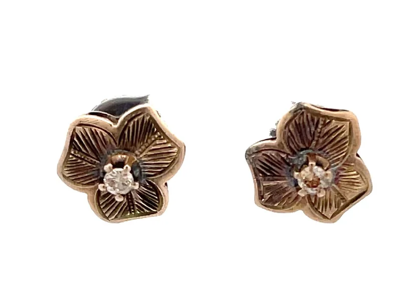 Punk Drop Earrings with Spikes -Victorian 3 Petal Floral Diamond Earrings in 14k Chocolate Gold