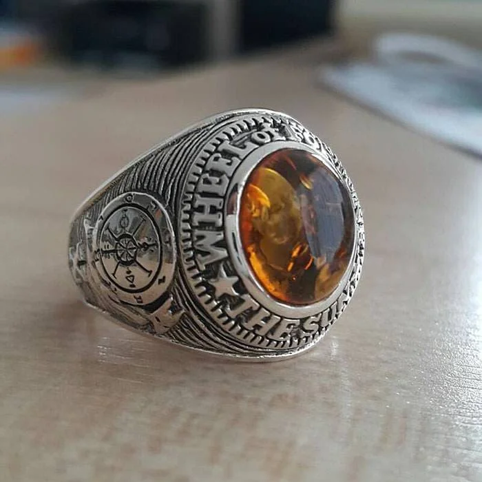 Wheel of Fortune Amulet Amber 925 Sterling Silver Men's Ring