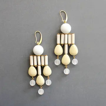 Drop Earrings with Filigree Work -White and Light Yellow Geometric Chandelier Earrings