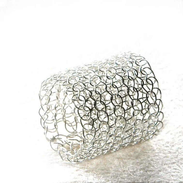 Wire crocheted band ring , silver ring